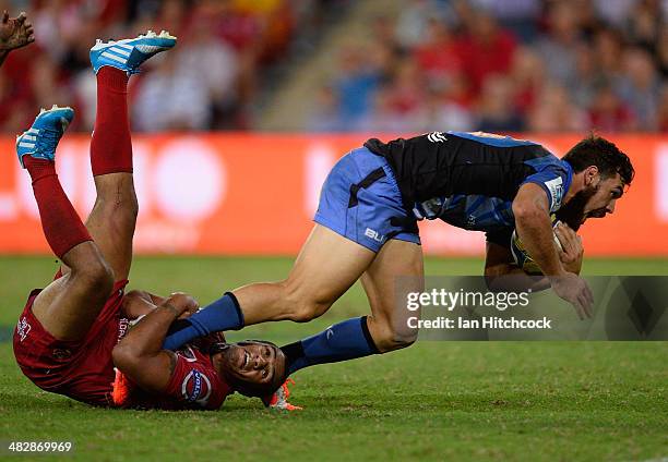 Jayden Hayward of the Force scores the winning the try during the round eight Super Rugby match between the Reds and the Force at Suncorp Stadium on...