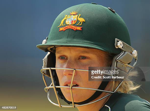 Alyssa Healy of Australia looks on during an Australia Women's nets session ahead of the ICC World Twenty20 Bangladesh 2014 Womens Final at Khan...
