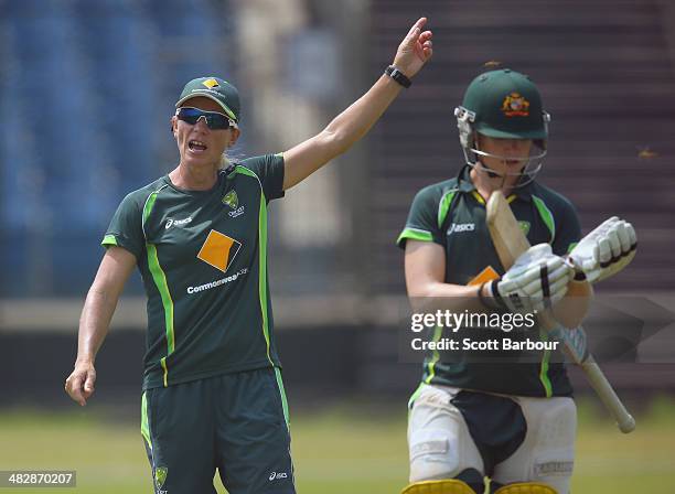 Cathryn Fitzpatrick , coach of Australia looks on during an Australia Women's nets session ahead of the ICC World Twenty20 Bangladesh 2014 Womens...