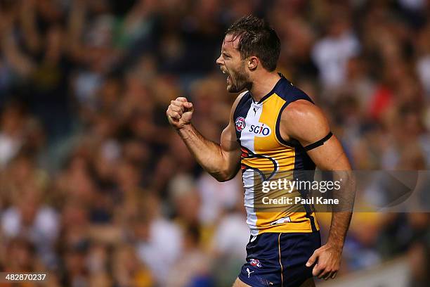 Mitchell Brown of the Eagles celebrates a goal during the round three AFL match between the West Coast Eagles and the St Kilda Saints at Patersons...