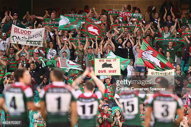Rabbitohs players thank fans after winning the round five NRL match between the St George Illawarra Dragons and the South Sydney Rabbitohs at Sydney...