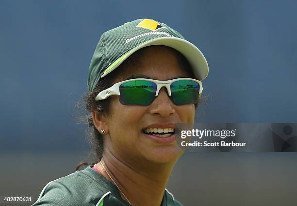 Lisa Sthalekar, assistant coach looks on during an Australia Women's nets session ahead of the ICC World Twenty20 Bangladesh 2014 Womens Final at...