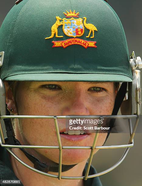 Jess Cameron of Australia looks on during an Australia Women's nets session ahead of the ICC World Twenty20 Bangladesh 2014 Womens Final at Khan...