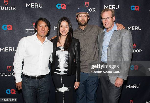 Producer Jimmy Chin, producer Elizabeth Chai Vasarhelyi, filmmaker Renan Ozturk and rock climber Conrad Anker attend the 'Meru' New York premiere at...