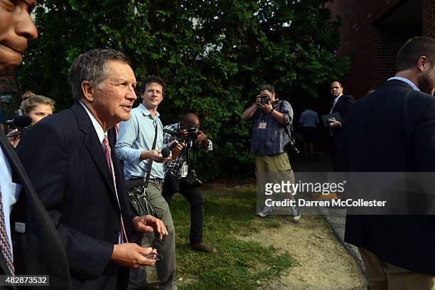 Republican presidential candidate, Ohio Gov. John Kasich attends the Voters First Presidential Forum at Saint Anselm College August 3, 2015 in...