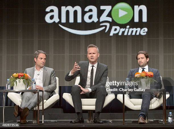 Head of Drama, Amazon Studios, Morgan Wandell, Head of Amazon Studios, Roy Price and Head of Comedy, Amazon Studios Joe Lewis speak onstage during...