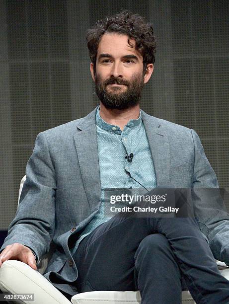 Actor Jay Duplass speaks onstage during the 'Transparent' panel discussion at the Amazon Studios portion of the 2015 Summer TCA Tour on August 3,...