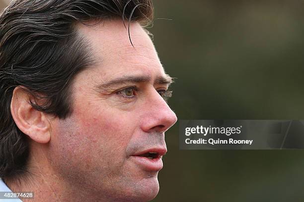 Gillon McLachlan the AFL CEO speaks to the media during an AFL press conference at Federation Square on August 4, 2015 in Melbourne, Australia.