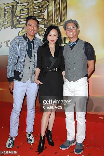Actor Chow Yun Fat, actress Carina Lau and actor Nick Cheung attend "The Man From Macau III" press conference at TVB City on August 3, 2015 in Hong...