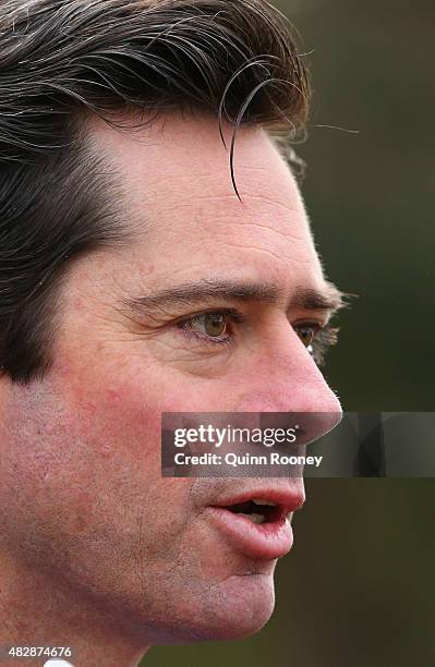 Gillon McLachlan the AFL CEO speaks to the media during an AFL press conference at Federation Square on August 4, 2015 in Melbourne, Australia.