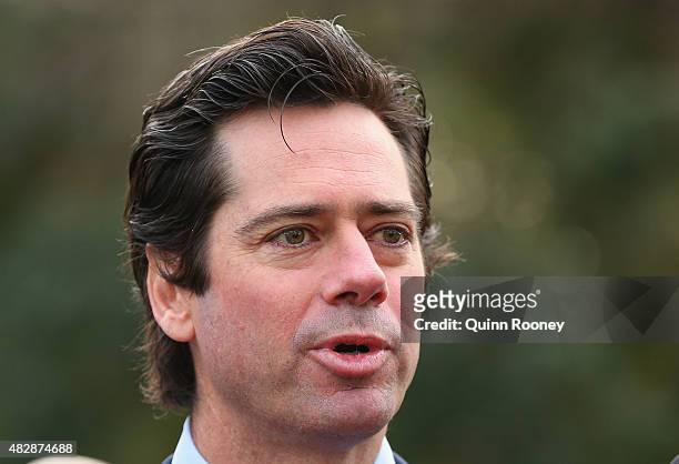 Gillon McLachlan the AFL CEO speaks to the media during an AFL press conference at Federation Square on August 4, 2015 in Melbourne, Australia.