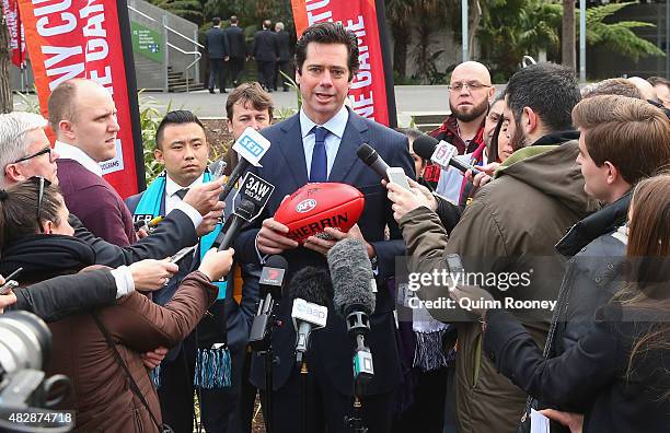 Gillon McLachlan the AFL CEO speaks to the media during an AFL press conference at Federation Square on August 4, 2015 in Melbourne, Australia.