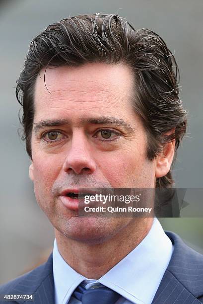 Gillon McLachlan the AFL CEO speaks to the media during an AFL press conference at Federation Square on August 4, 2015 in Melbourne, Australia.