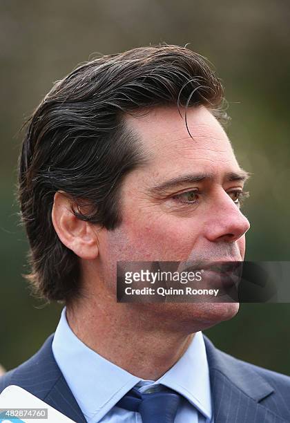 Gillon McLachlan the AFL CEO speaks to the media during an AFL press conference at Federation Square on August 4, 2015 in Melbourne, Australia.