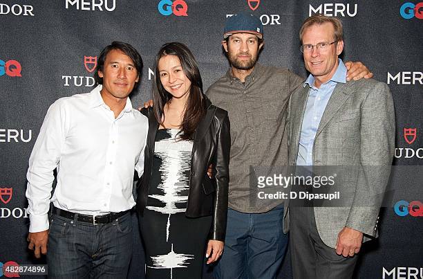 Jimmy Chin, Elizabeth Chai Vasarhelyi, Renan Ozturk, and Conrad Anker attend the "Meru" New York Premiere at MoMA Titus One on August 3, 2015 in New...
