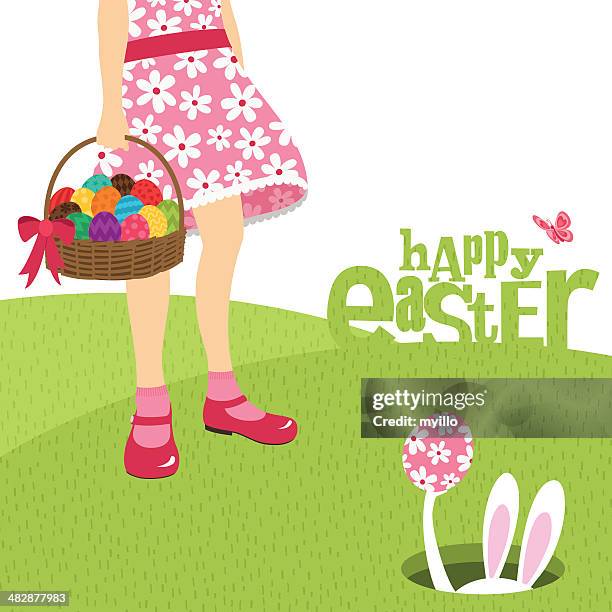 stockillustraties, clipart, cartoons en iconen met girl bunny and easter egg spring flower illustration vector minimil - hidden