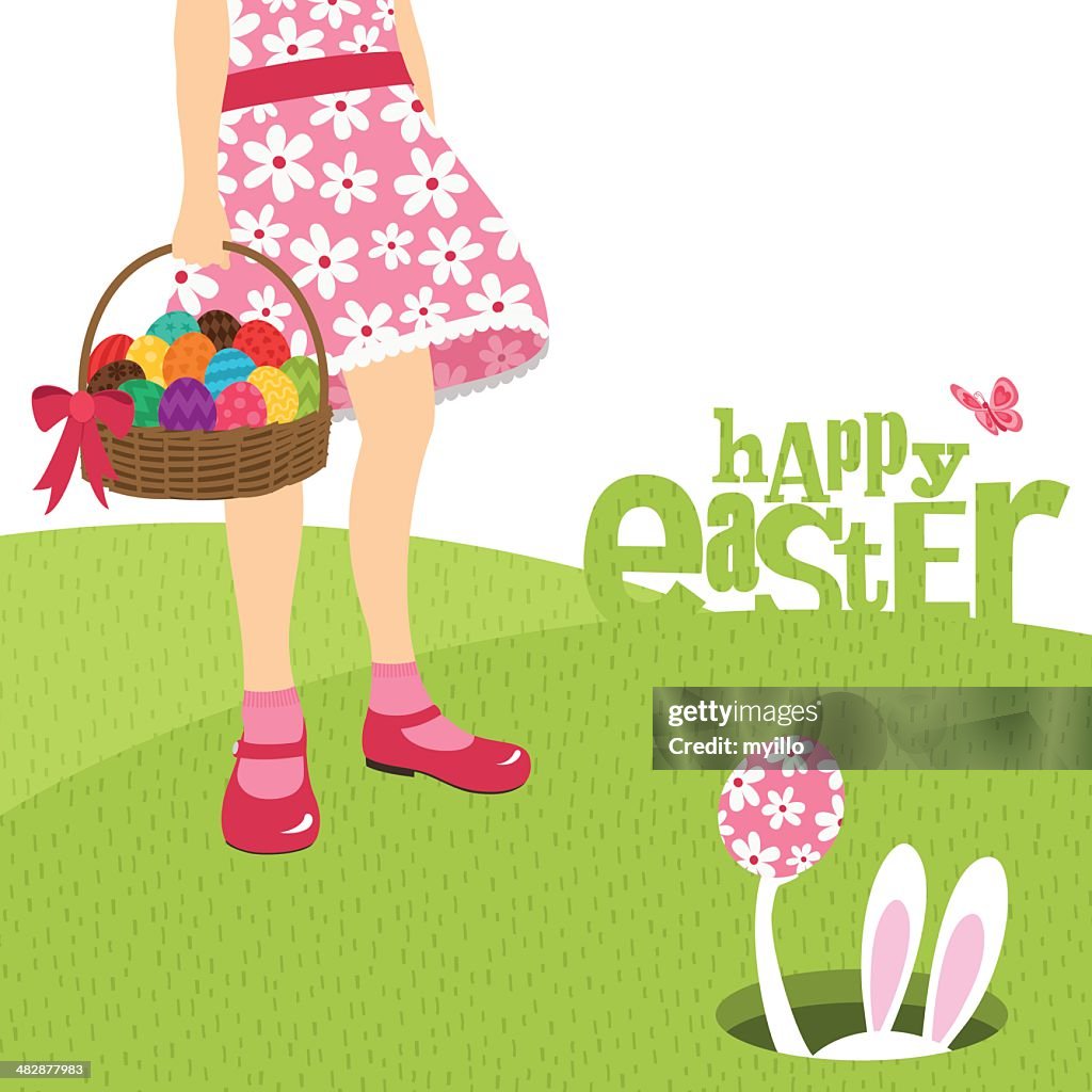 Girl bunny and easter egg spring flower illustration vector minimil