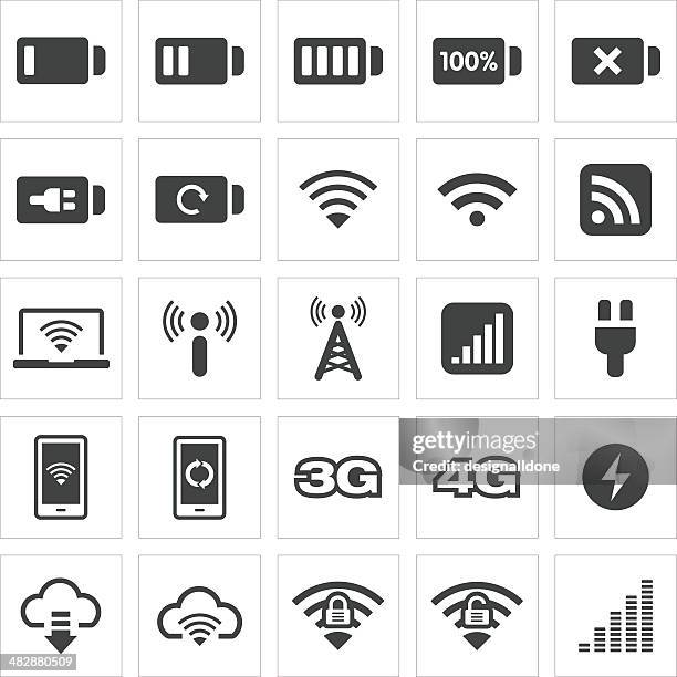 wireless networking and battery icons - lithium stock illustrations