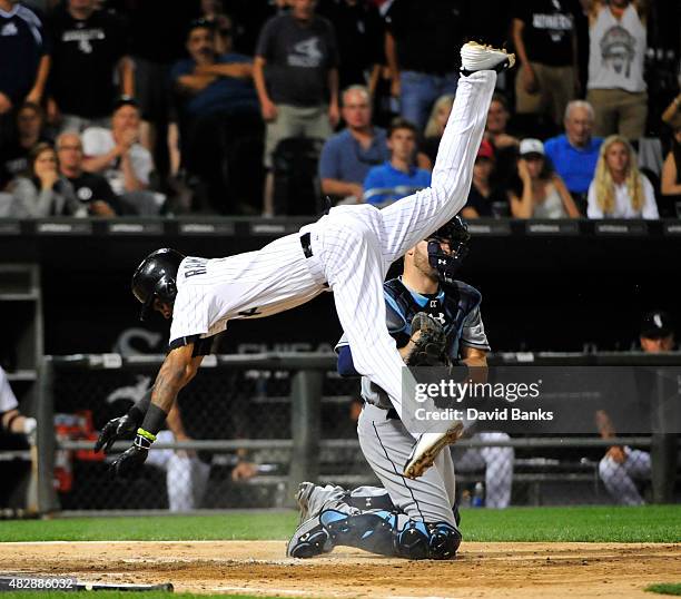 Alexei Ramirez of the Chicago White Sox is tagged out by Curt Casali of the Tampa Bay Rays during the ninth inning on August 3, 2015 at U.S. Cellular...