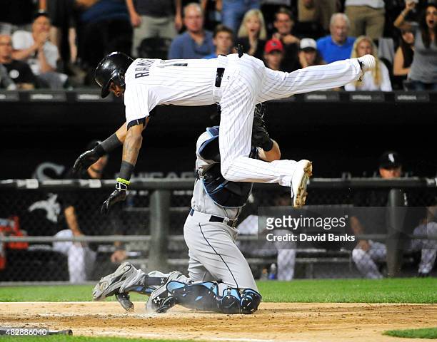 Alexei Ramirez of the Chicago White Sox is tagged out by Curt Casali of the Tampa Bay Rays during the ninth inning on August 3, 2015 at U.S. Cellular...