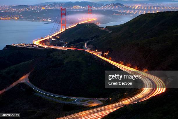 golden gate bridge, view from marina headlands - light trail imagens e fotografias de stock