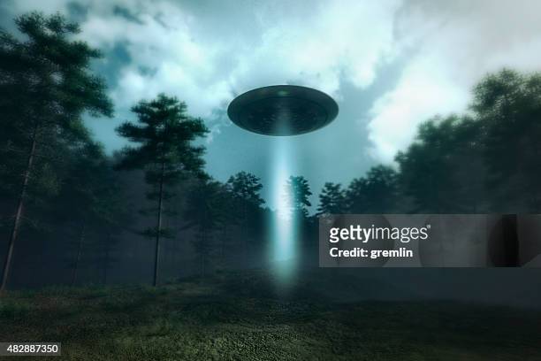 ufo landing in the forest meadow - flying saucer stock pictures, royalty-free photos & images