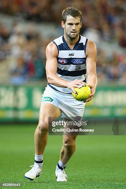 Jared Rivers of the Cats kicks during the round three AFL match between the Collingwood Magpies and the Carlton Blues at Melbourne Cricket Ground on...