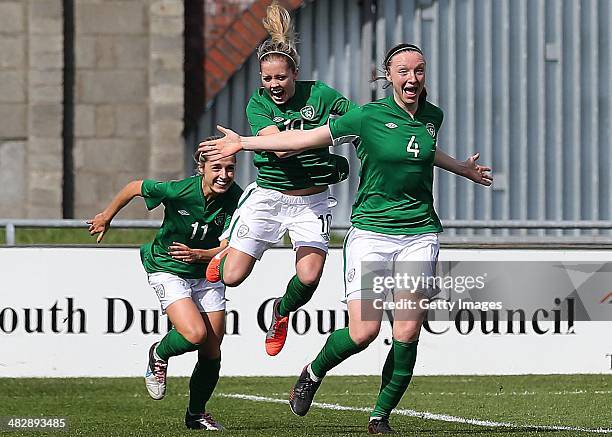 Louise Quinn of Ireland celebrates scoring the opening goal during the FIFA Women's World Cup 2015 Qualifier between Ireland and Germany at Tallaght...