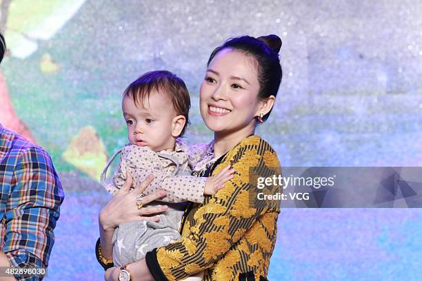 Film producer Zhang Ziyi and the son of director Wei Nan attend the press conference of Wei Nan and Wei Min's film "The Baby From Universe" on August...