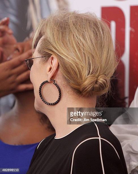 Actress Meryl Streep, hair detail, attends the "Ricki And The Flash" New York premiere at AMC Lincoln Square Theater on August 3, 2015 in New York...