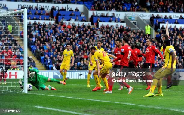 Joe Ledley of Crystal Palace scores his team's second goal during the Barclays Premier League match between Cardiff City and Crystal Palace at...