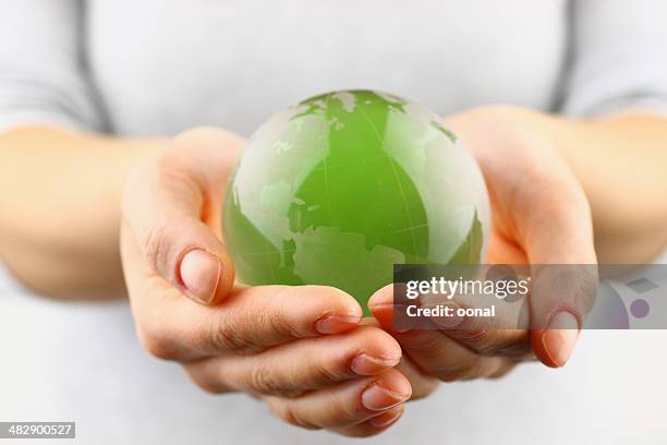 globo en la mano verde - social awareness symbol fotografías e imágenes de stock