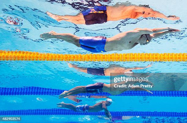 Laszlo Cseh of Hungary competes in the Men's 200m Butterfly heats on day eleven of the 16th FINA World Championships at the Kazan Arena on August 4,...