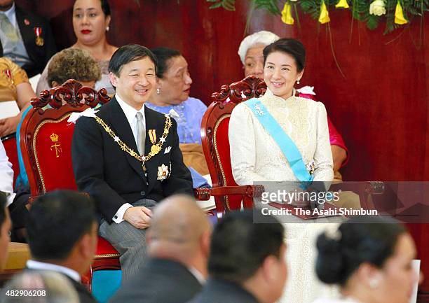 Crown Prince Naruhito and Crown Princess Masako of Japan attend the official coronation ceremony for King Tupou VI of Tonga and Queen Nanasipau'u at...