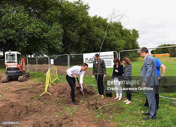 Former England Cricketers Graeme Swann and Simon Jones plant a Willow Tress at the construction site of the new Pavilion during the Field of Dreams...