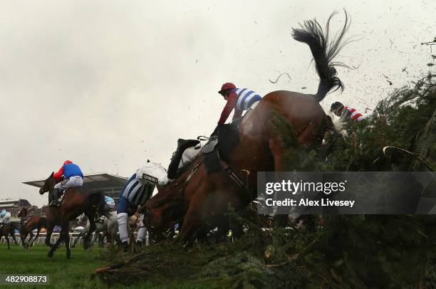 Teaforthree ridden by Nick Scholfield falls after jumping The Chair during the Crabbie's Grand National Steeple Chase at Aintree Racecourse on April...