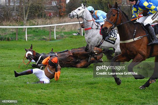 Sam Waley-Cohen falls from Long Run at Valentine's during the Crabbie's Grand National Steeple Chase at Aintree Racecourse on April 5, 2014 in...