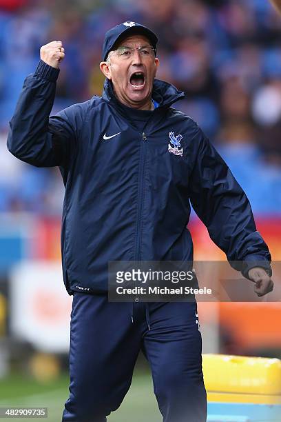 Tony Pulis the manager of Crystal Palace celebrates his sides third goal during the Barclays Premier League match between Cardiff City and Crystal...