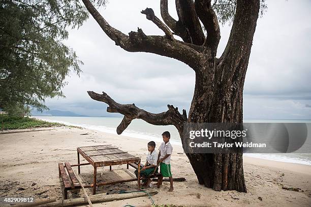 Two boys relax under a tree in a village inside the planned Dawei SEZ on August 3, 2015 in Ngapitat, Myanmar.The controversial, multi-billion dollar...