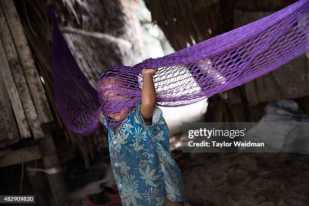 Burmese child plays in a hammock in a village inside the planned Dawei SEZ on August 3, 2015 in Ngapitat, Myanmar.The controversial, multi-billion...
