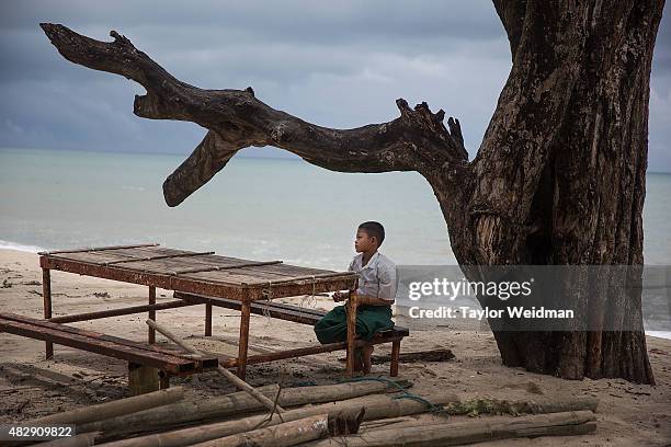 Boy sits under a tree on the beach inside the planned Dawei SEZ on August 3, 2015 in Ngapitat, Myanmar.The controversial, multi-billion dollar Dawei...