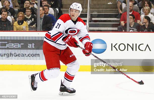 Drayson Bowman of the Carolina Hurricanes skates against the Pittsburgh Penguins during the game at Consol Energy Center on April 1, 2014 in...