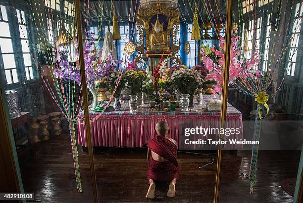 Young monk prays in front of an altar in a monastery near the planned Dawei SEZ on August 3, 2015 in Pantininn, Myanmar. The controversial,...