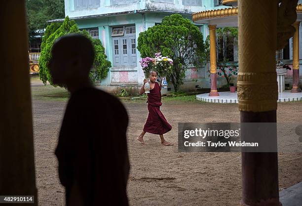 Young monk carries flowers to a shrine in a monastery near the planned Dawei SEZ on August 3, 2015 in Pantininn, Myanmar. The controversial,...