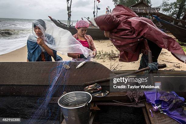 Burmese men and women remove fish from netting in high winds near the planned Dawei SEZ on August 4, 2015 in Maungmagan, Myanmar.The controversial,...