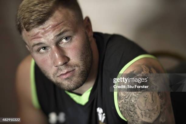 Wales player Ross Moriarty faces the media ahead of saturdays World cup warm up match against Ireland at the Vale Hotel on August 4, 2015 in Cardiff,...