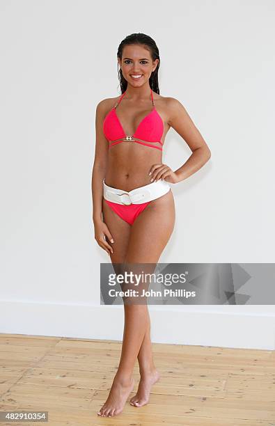 Miss Liverpool Jennifer McSween attends a photocall for Miss England's Beach Beauty, on August 4, 2015 in London, England.