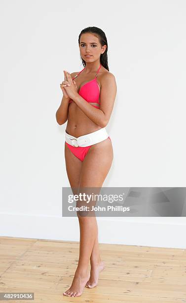 Miss Liverpool Jennifer McSween attends a photocall for Miss England's Beach Beauty, on August 4, 2015 in London, England.