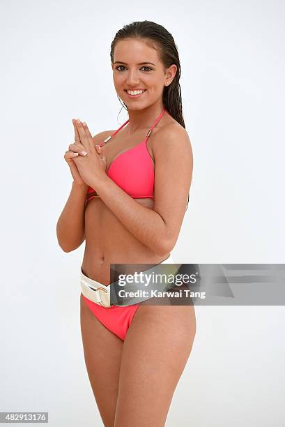 Miss England finalist Jennifer McSween attends the Miss England Beach Beauty photocall on August 4, 2015 in London, England. The theme of the shoot...