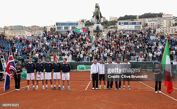 Ross Hutchins,Colin Fleming,James Ward,Andy Murray and team captain Leon Smith of Great Britain sing the national anthem at the opening ceremony...